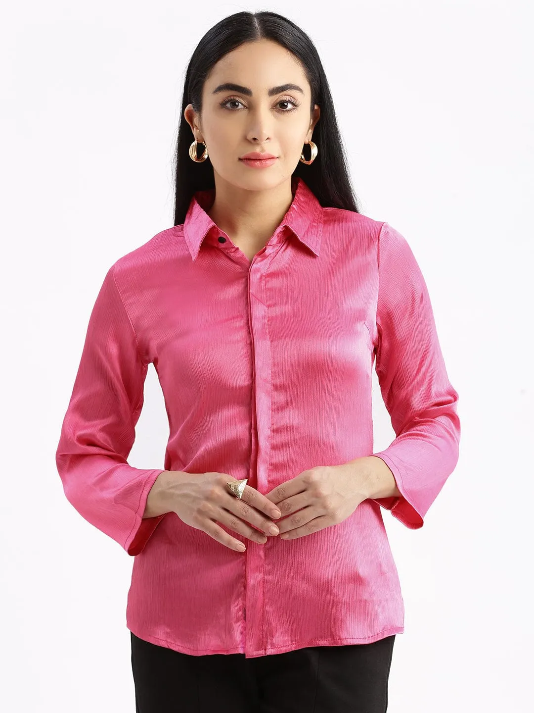 Women's Pink Standard Slim Fit Opaque Casual Shirt Fashion Forward Everyday Comfort