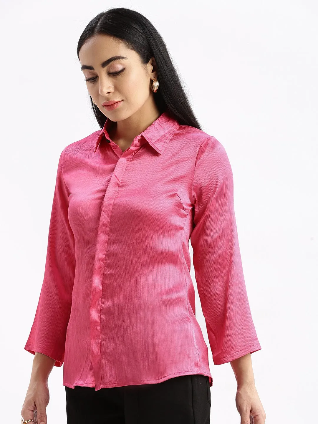 Women's Pink Standard Slim Fit Opaque Casual Shirt homecoming Stretch performance