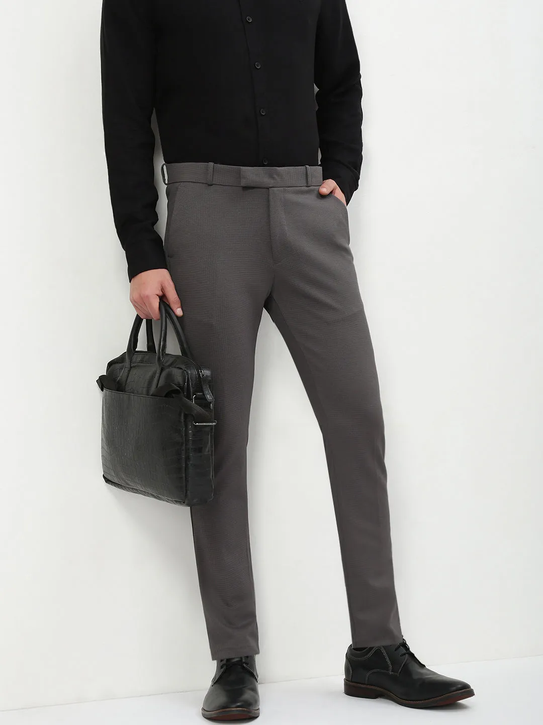 Relaxed Comfort Wear Sport Fit Men's Charcoal Solid Formal Trousers