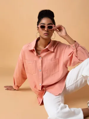 Women's Peach Standard Opaque Casual Oversized Shirt Taped Neckline