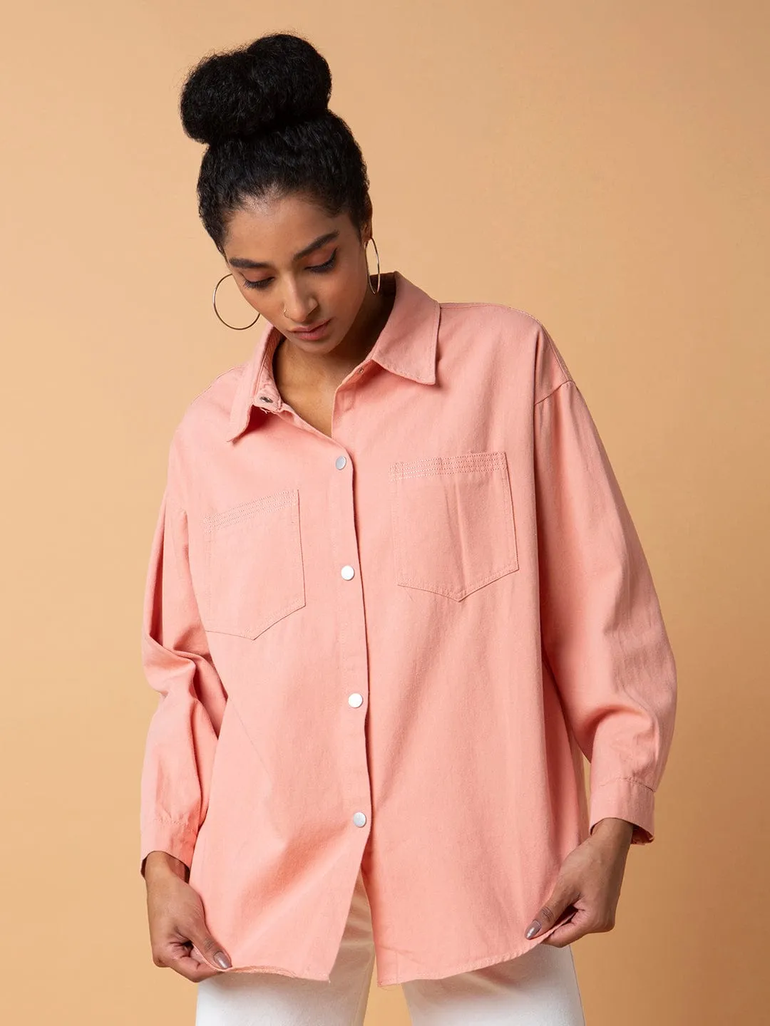 Women's Peach Standard Opaque Casual Oversized Shirt Sustainable Textile Comfort and Ease