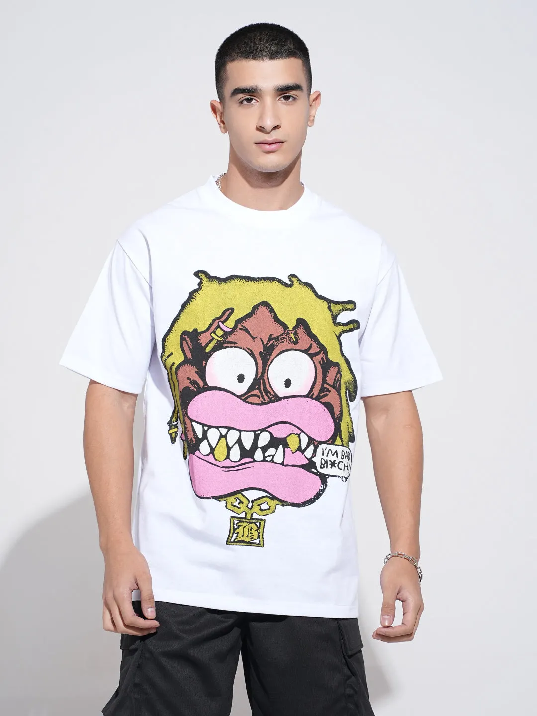 Men's Graphic Print White Short Sleeves Round Neck Relaxed Fit T-Shirt Low Impact Processing Stretchable Knit