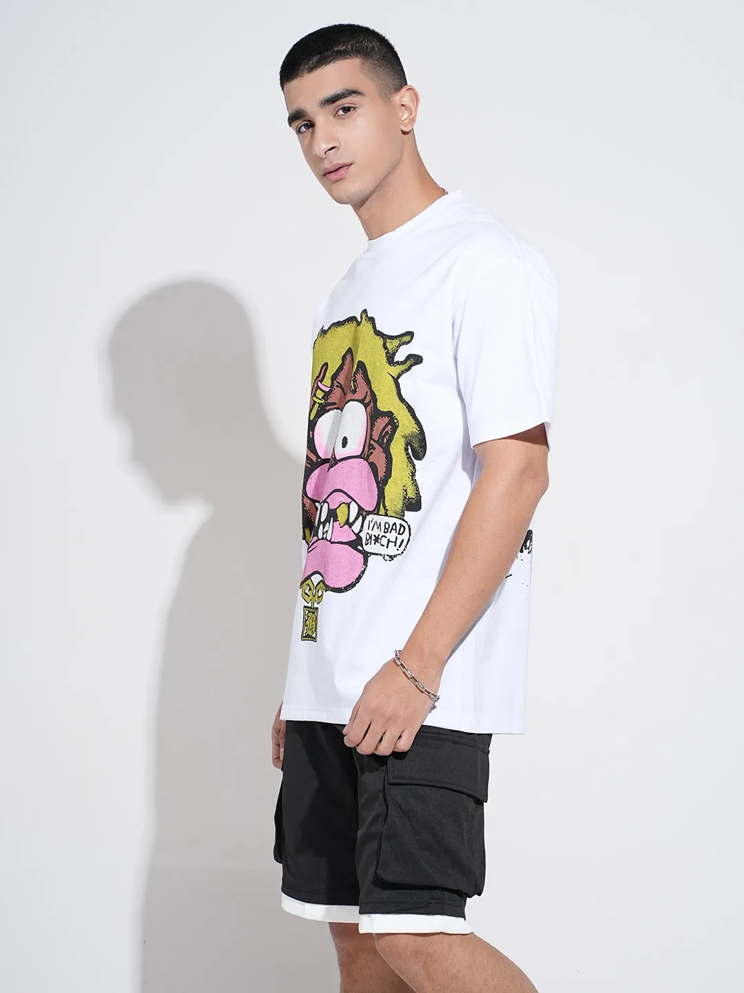 Men's Graphic Print White Short Sleeves Round Neck Relaxed Fit T-Shirt Trendy All-Day