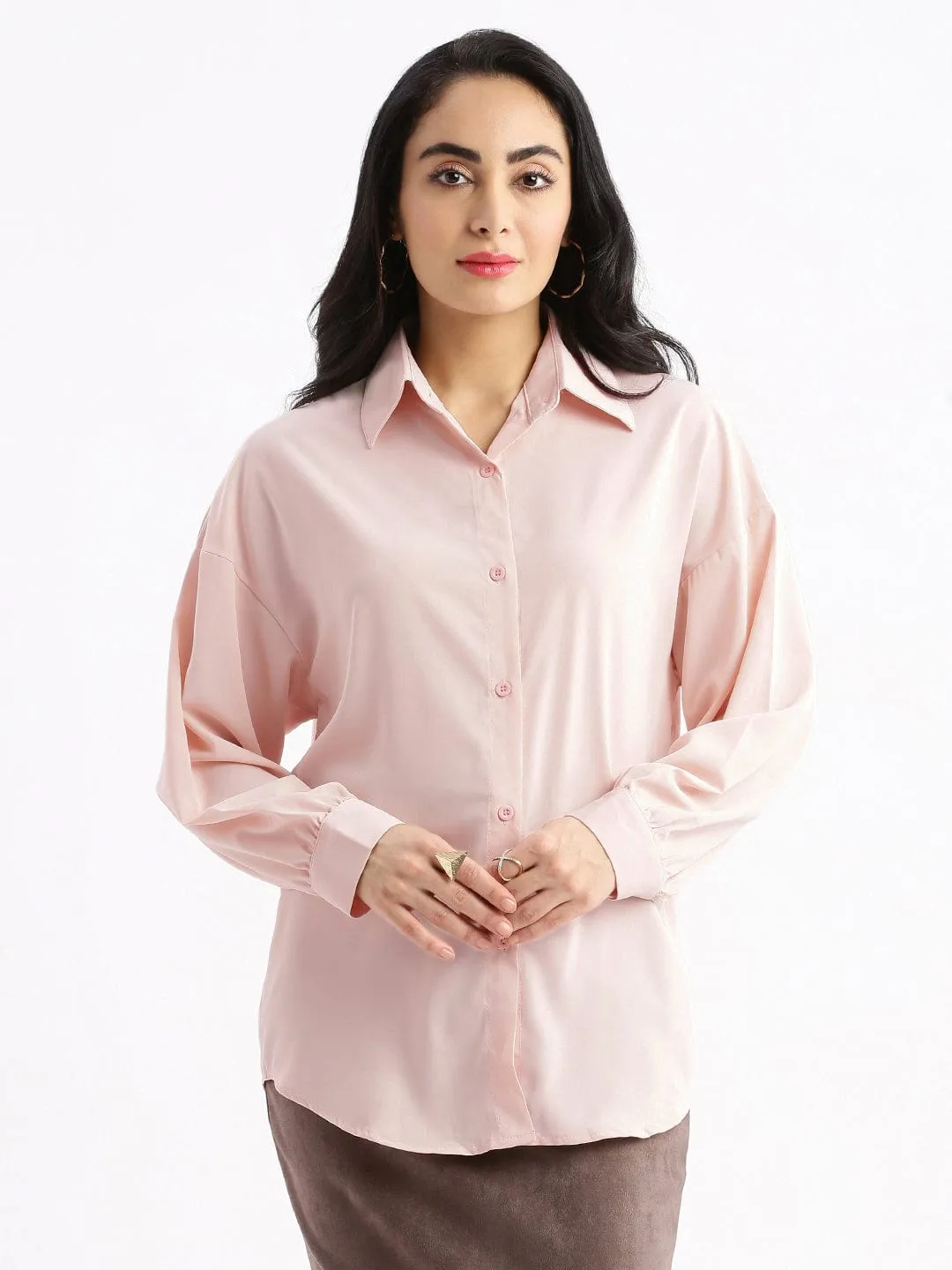 Eco Certified Fiber Modern Outfit Women's Peach Relaxed Opaque Casual Oversized Shirt