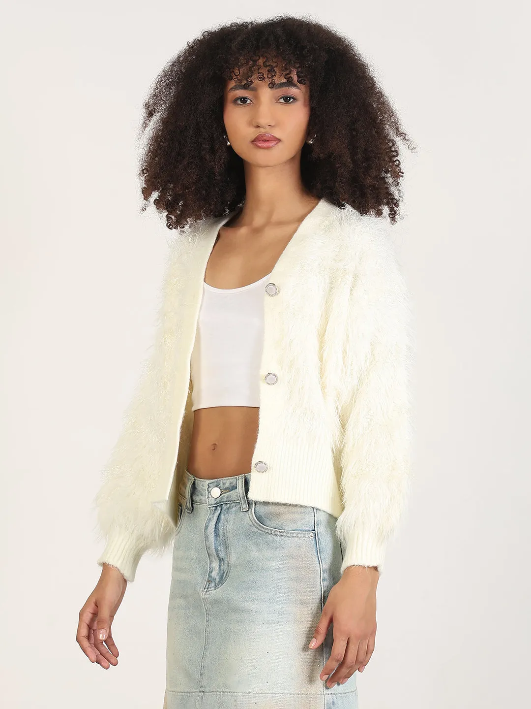Women's Off White Solid V-Neck Shrug Weekend Style On-The-Go