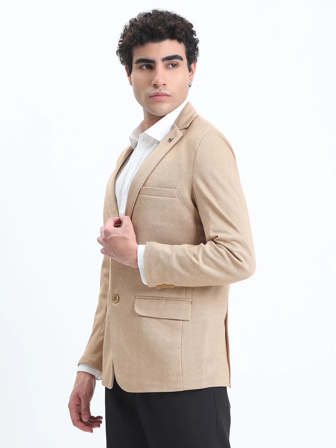 Men's Printed Beige Single-Breasted Slim Fit Blazer Utility Pockets Flexible Hood Design