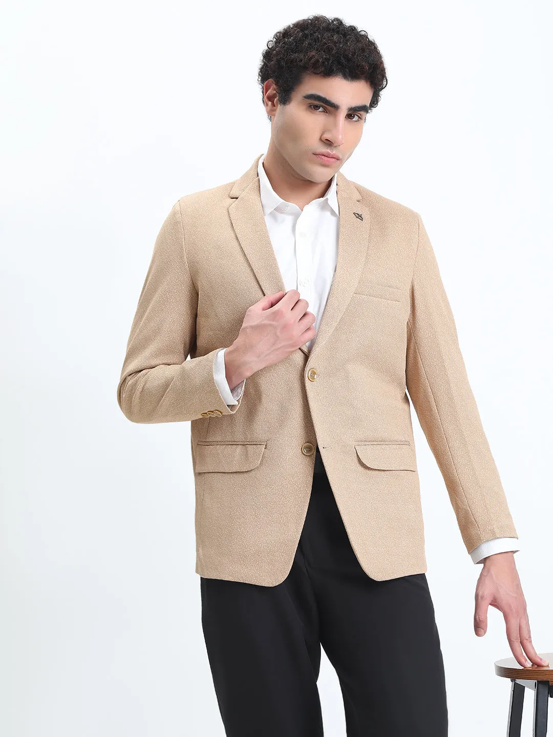 Men's Printed Beige Single-Breasted Slim Fit Blazer Crisp Walk Look