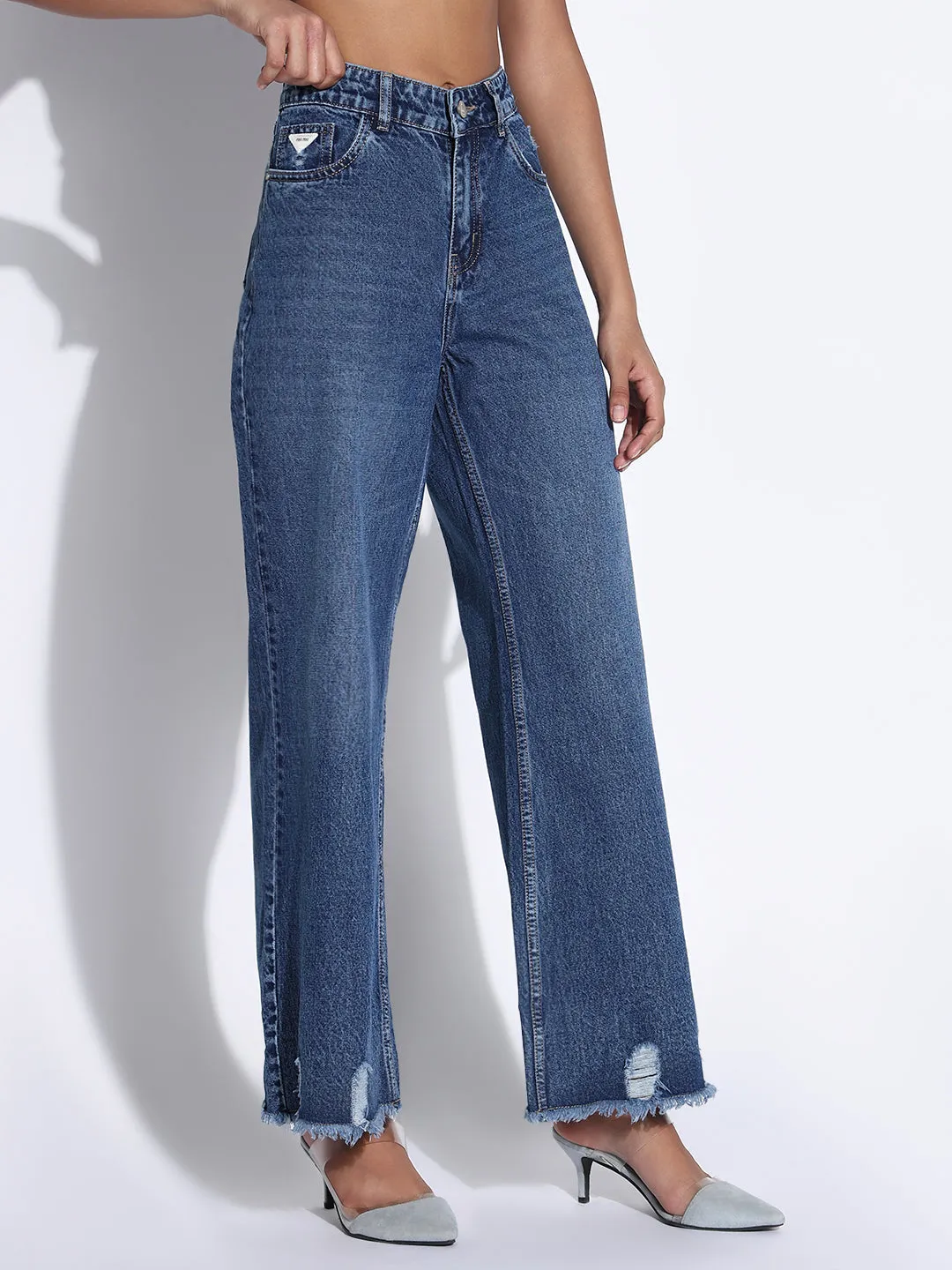 Outfit Ideas Family Style Elegant Women's Solid Navy Blue Ripped Wide Leg Jeans