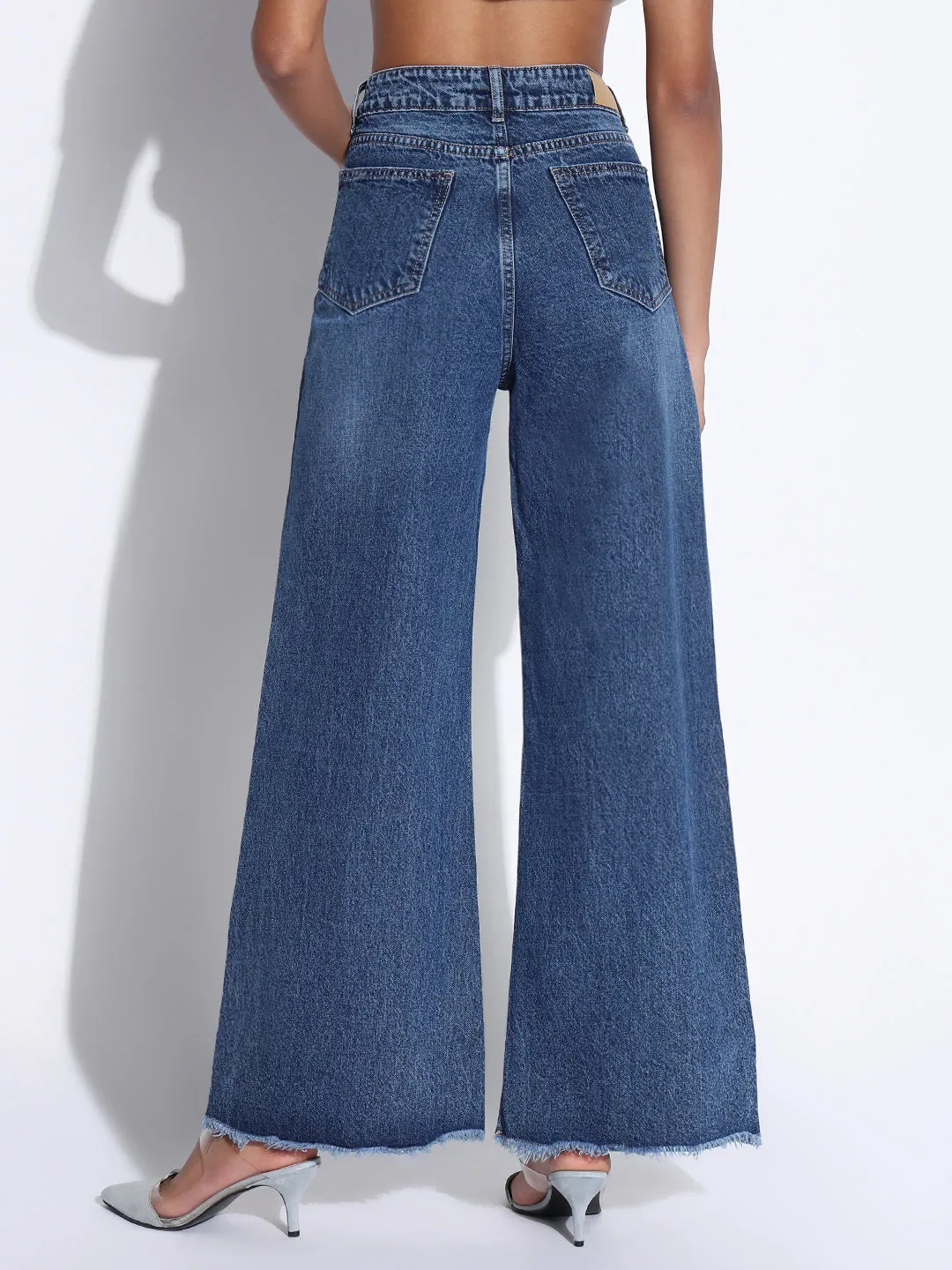 Lifestyle Fit Stylish Choice Women's Solid Navy Blue Ripped Wide Leg Jeans