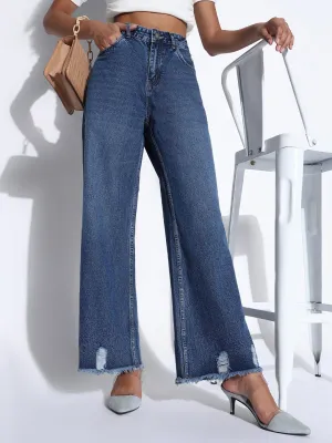 Year Round Piece Women's Solid Navy Blue Ripped Wide Leg Jeans