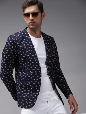 Microfiber Blend Men's Navy Blue Printed Single-Breasted Blazer