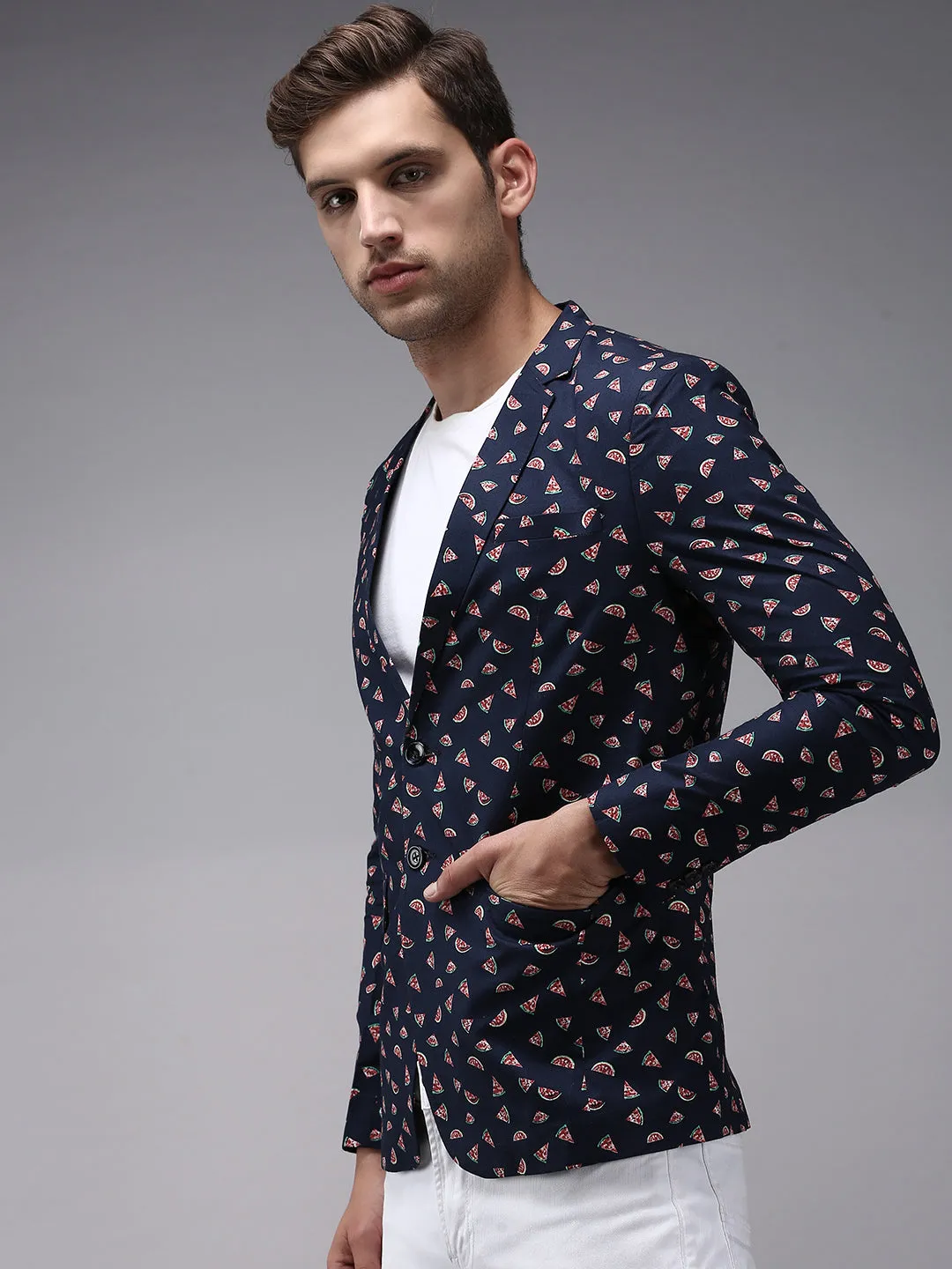 Reflective Detailing Men's Navy Blue Printed Single-Breasted Blazer