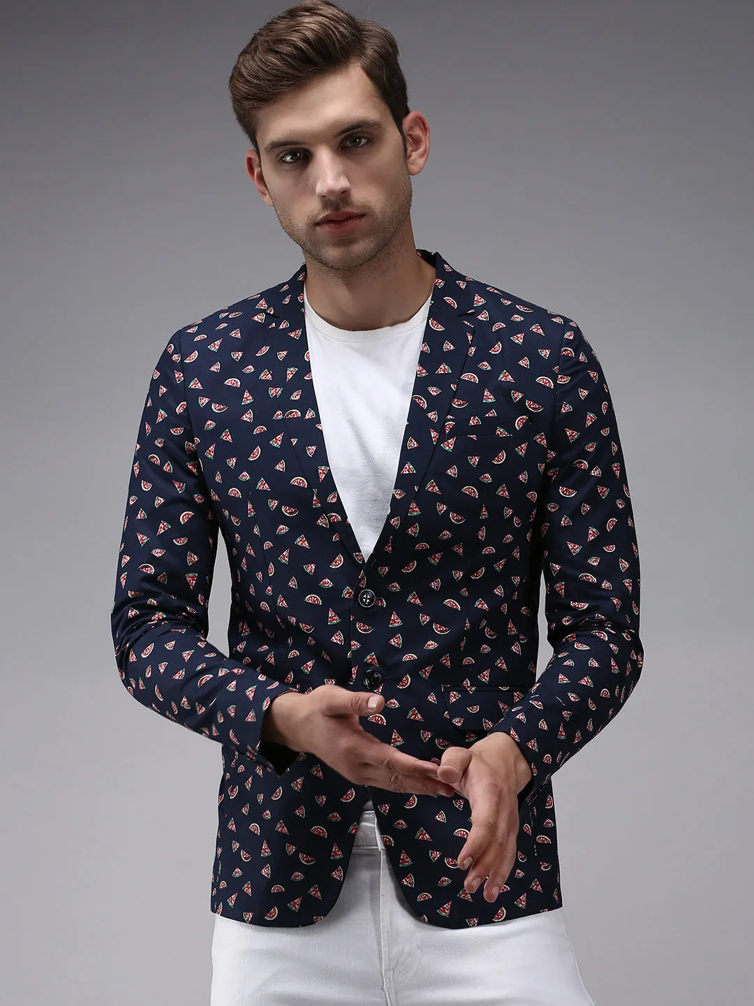 Compact Layer Men's Navy Blue Printed Single-Breasted Blazer