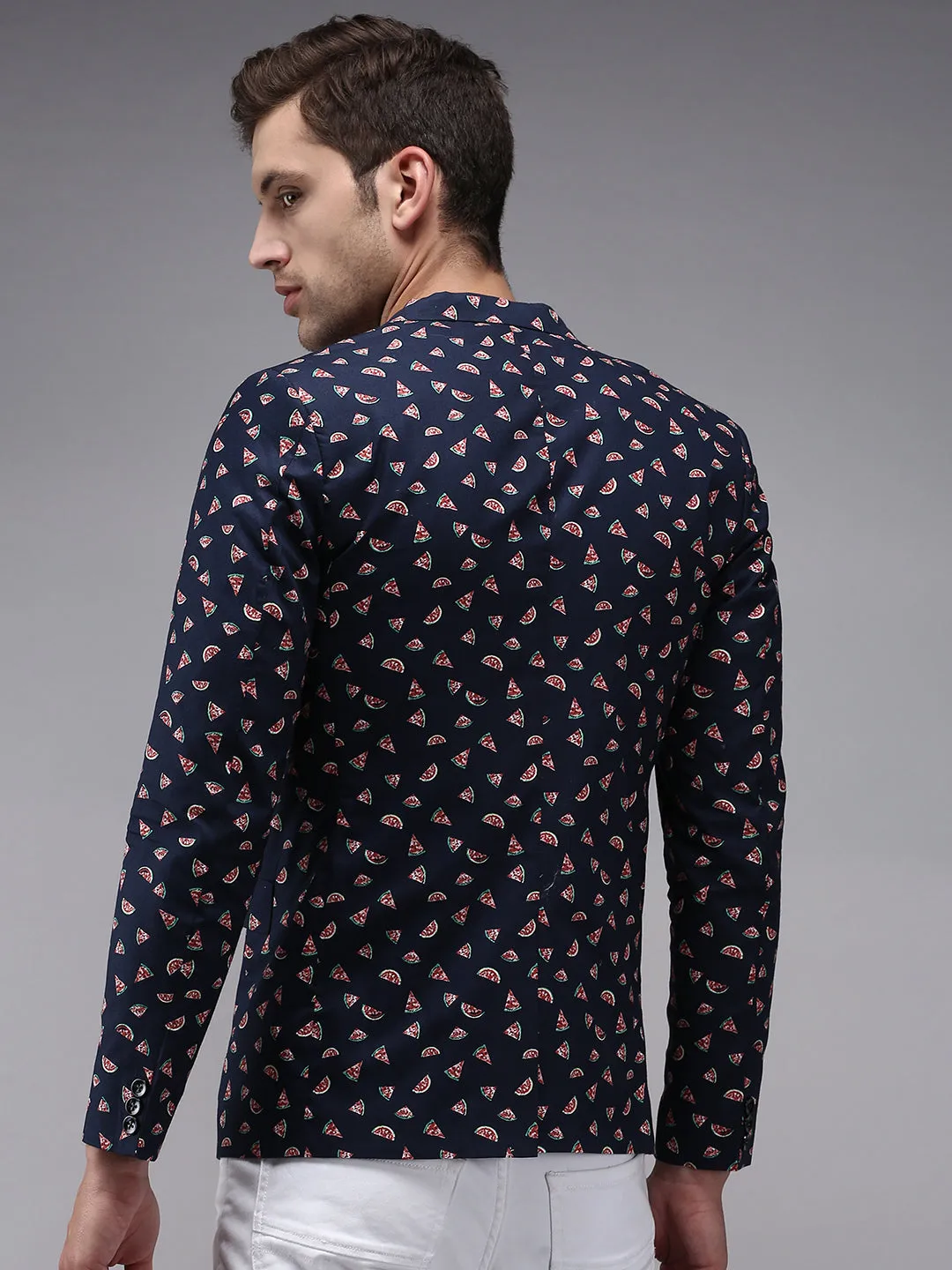 Durable Water Repellent Finish Men's Navy Blue Printed Single-Breasted Blazer
