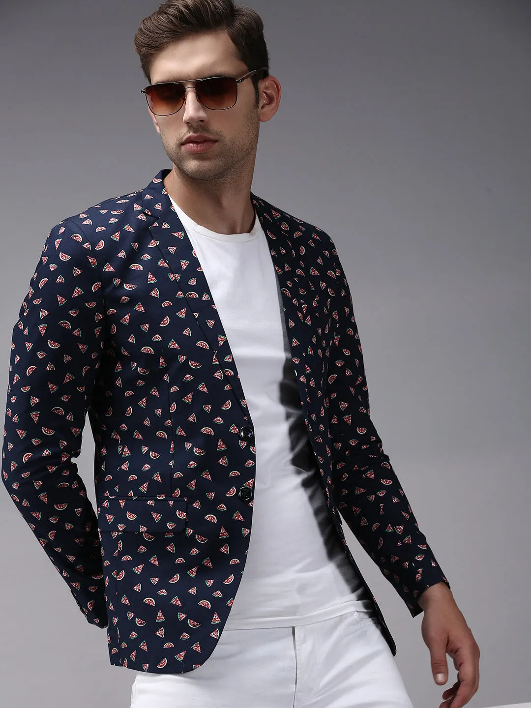 Microfiber Blend Men's Navy Blue Printed Single-Breasted Blazer