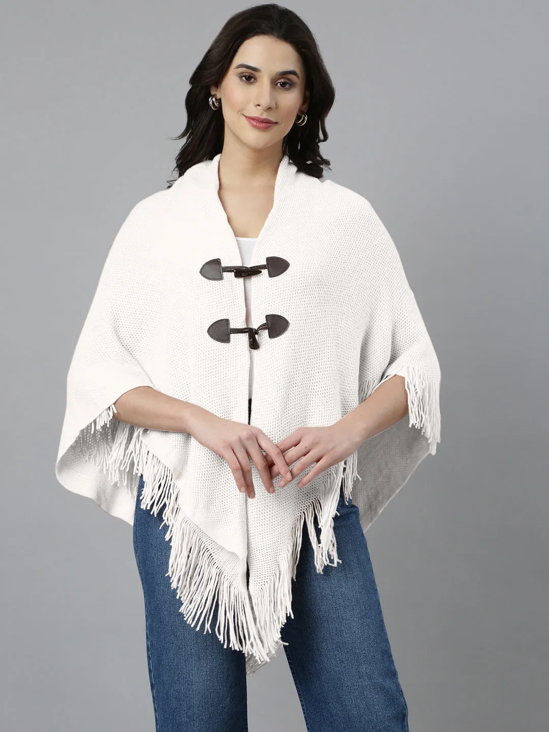 Low Impact Manufacturing Women's Hood Neck Solid White Longline Poncho
