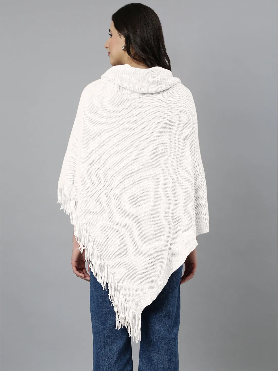 Women's Hood Neck Solid White Longline Poncho Grab And Go Recycled Polyester Yarn