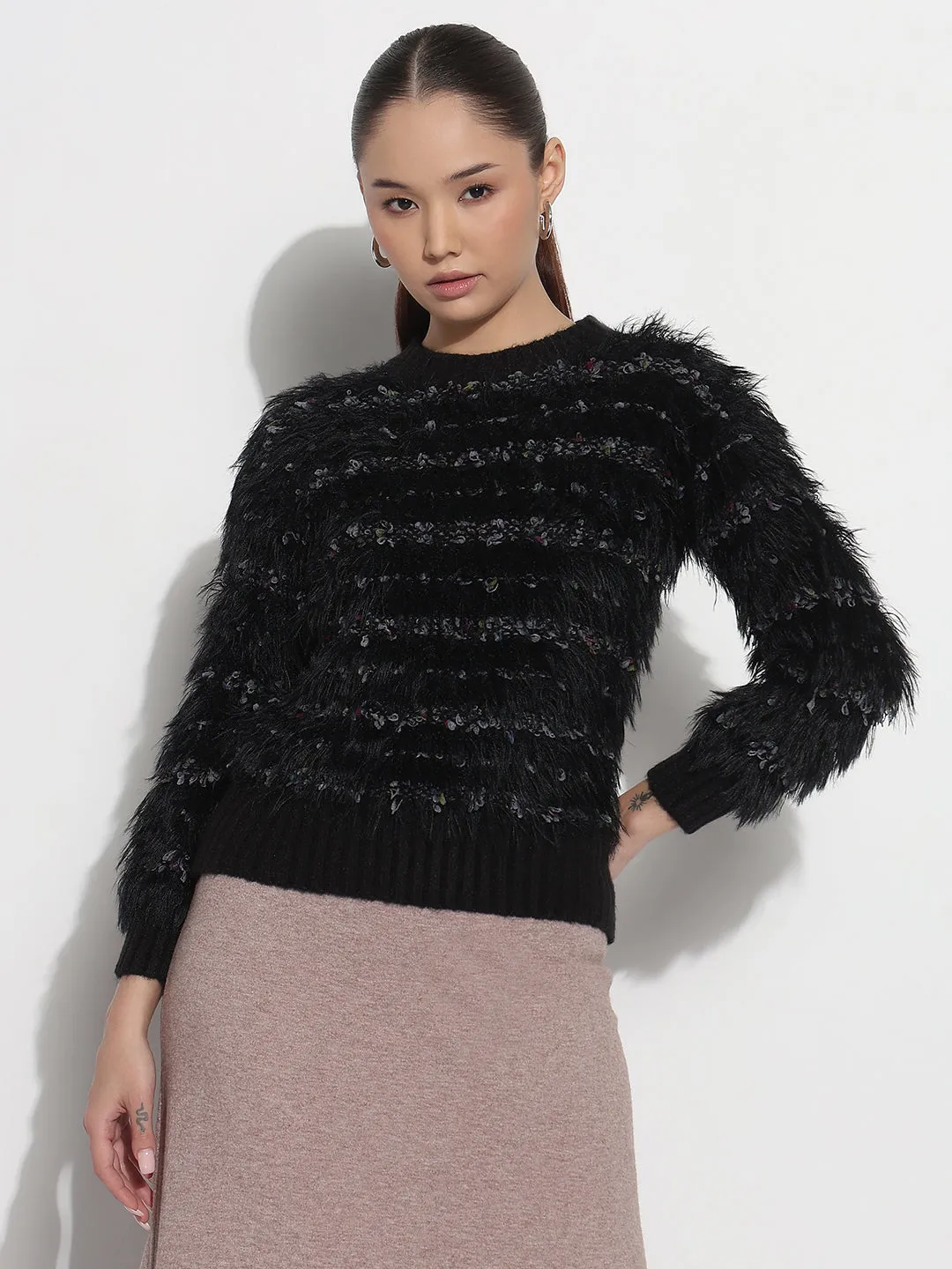 ZeroWaste Production Biodegradable Fiber Women's Black Round Neck Knitted Fuzzy Top