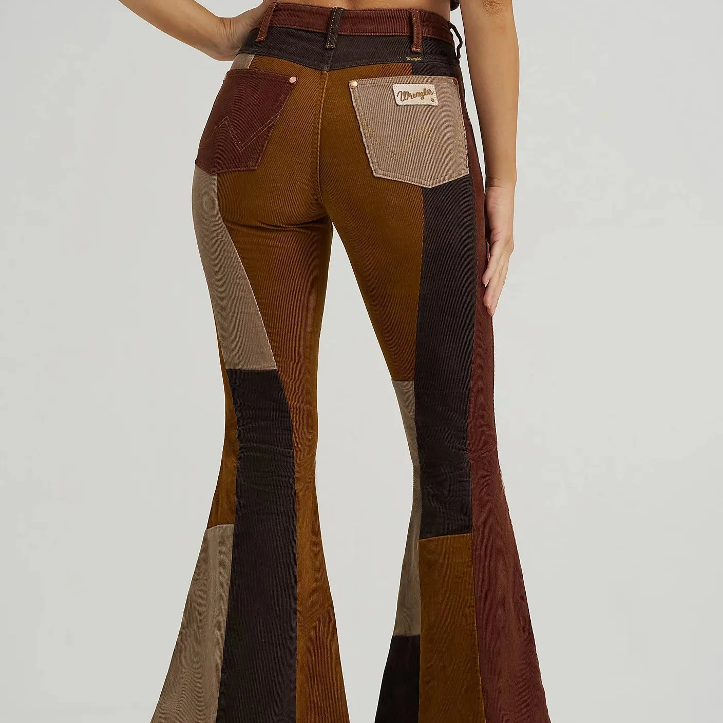Wrangler x Lainey Wilson Patchwork Corduroy Bell Jean in Brown Low Impact Dye Relaxed Style Lightweight Durable