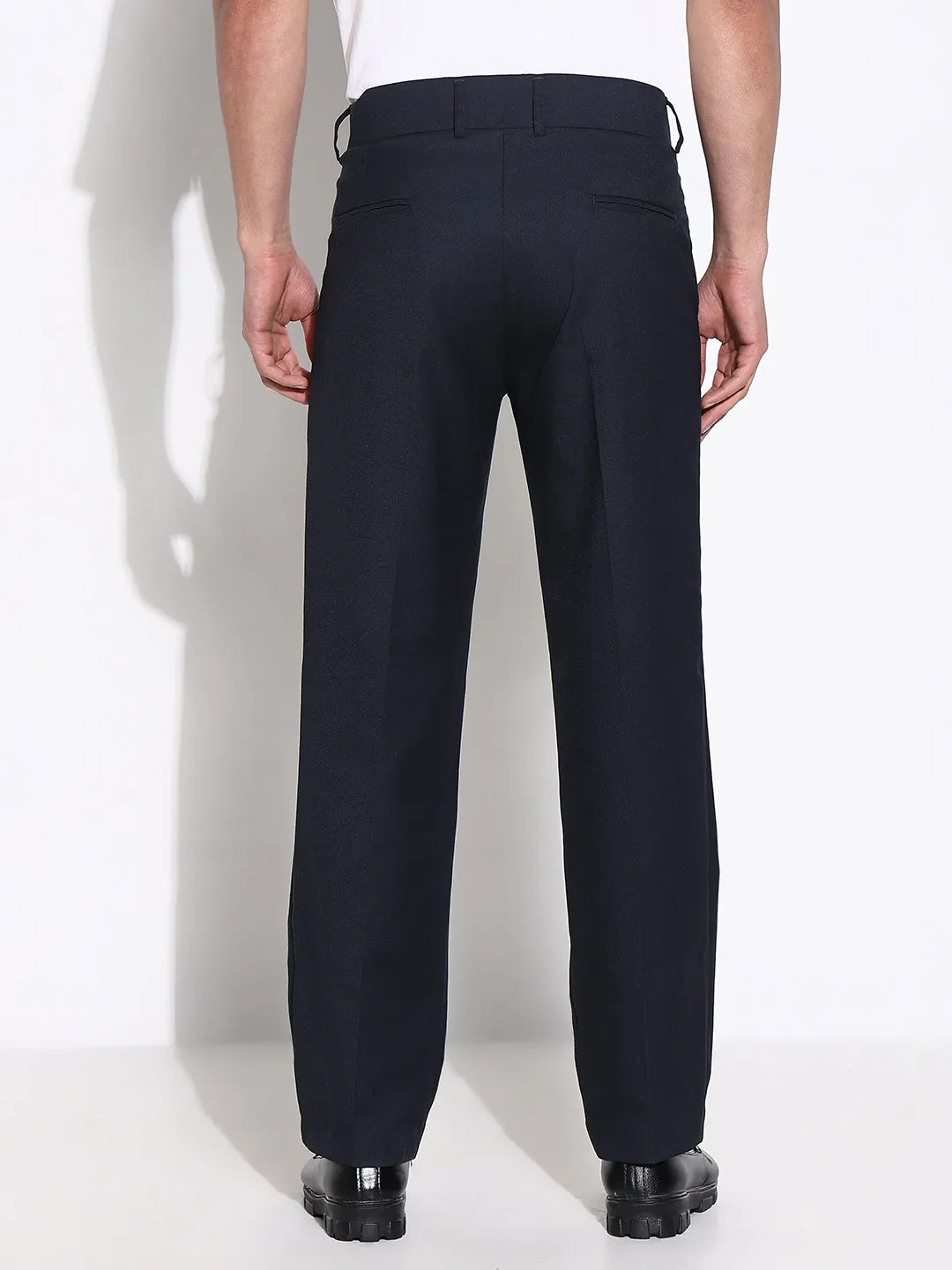 Seamless Waistband Men's Navy Blue Comfort Low-Rise Pleated Trousers