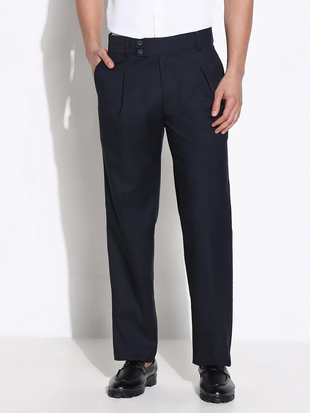 Men's Navy Blue Comfort Low-Rise Pleated Trousers Durable Construction