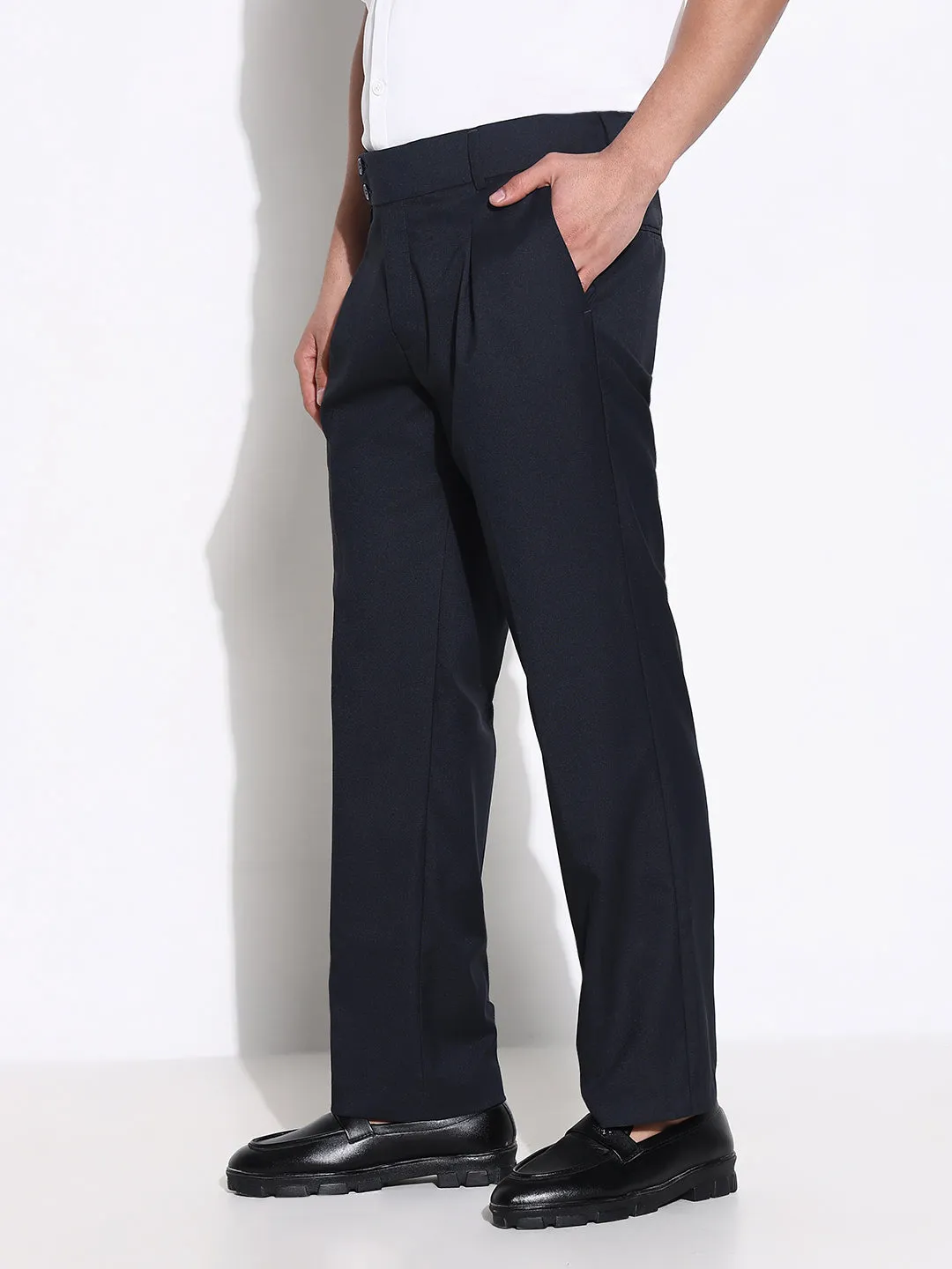 Men's Navy Blue Comfort Low-Rise Pleated Trousers Flattering Cut Stretch waistband