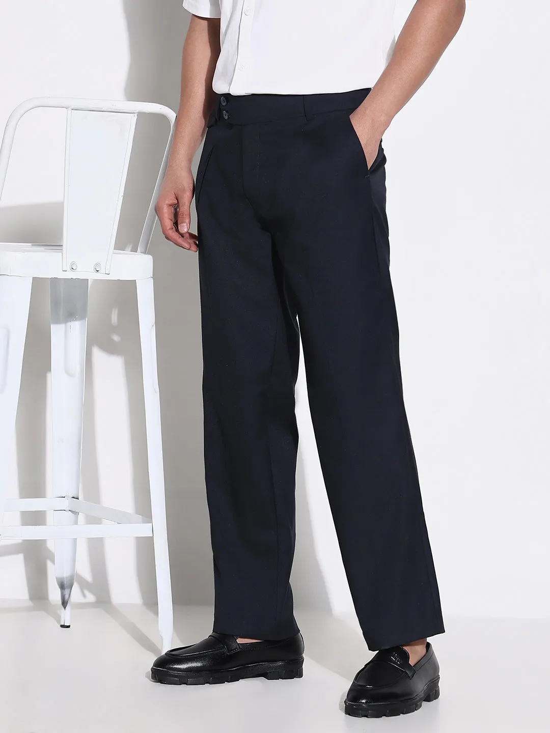 Men's Navy Blue Comfort Low-Rise Pleated Trousers Cool Weather