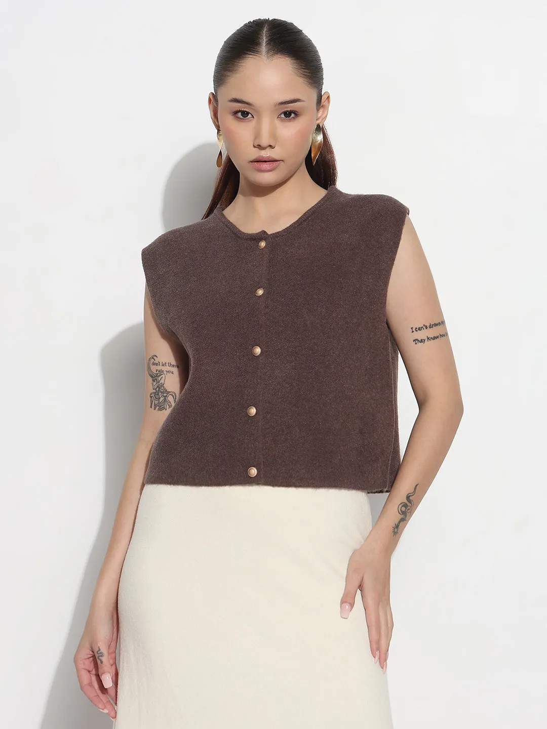 Women's Ribbed Brown Round Neck Sleeveless Knitted Top Layered Ventilation Design Fall Outfit