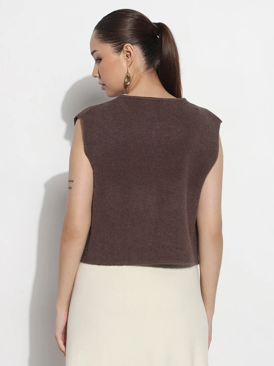 Women's Ribbed Brown Round Neck Sleeveless Knitted Top KnitCuff Reinforcements Crew Neckline