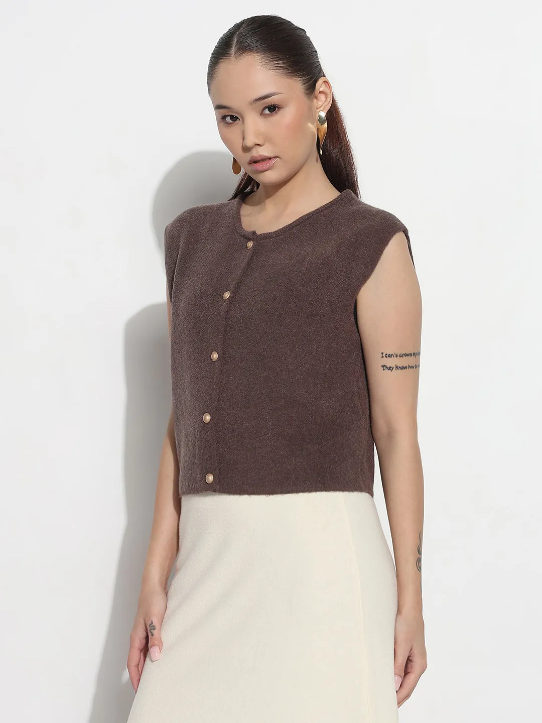 Seasonless Style Women's Ribbed Brown Round Neck Sleeveless Knitted Top