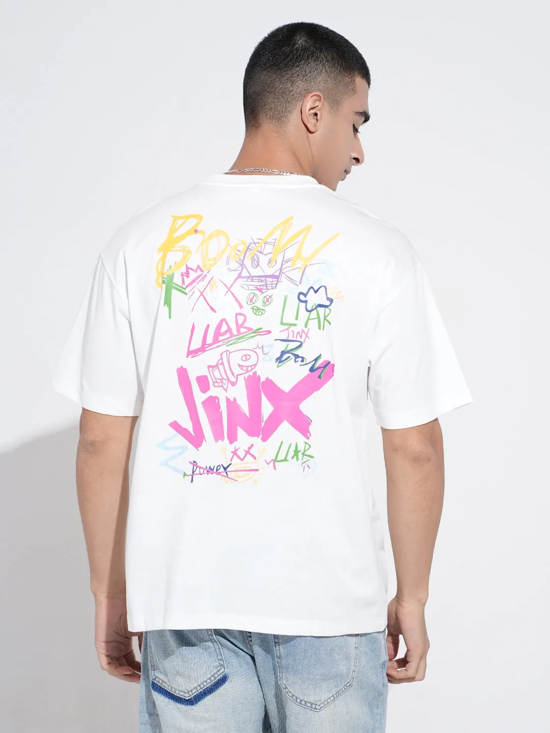 Men's Graphic Print White Short Sleeves Round Neck Relaxed Fit T-Shirt Subtle Embroidery