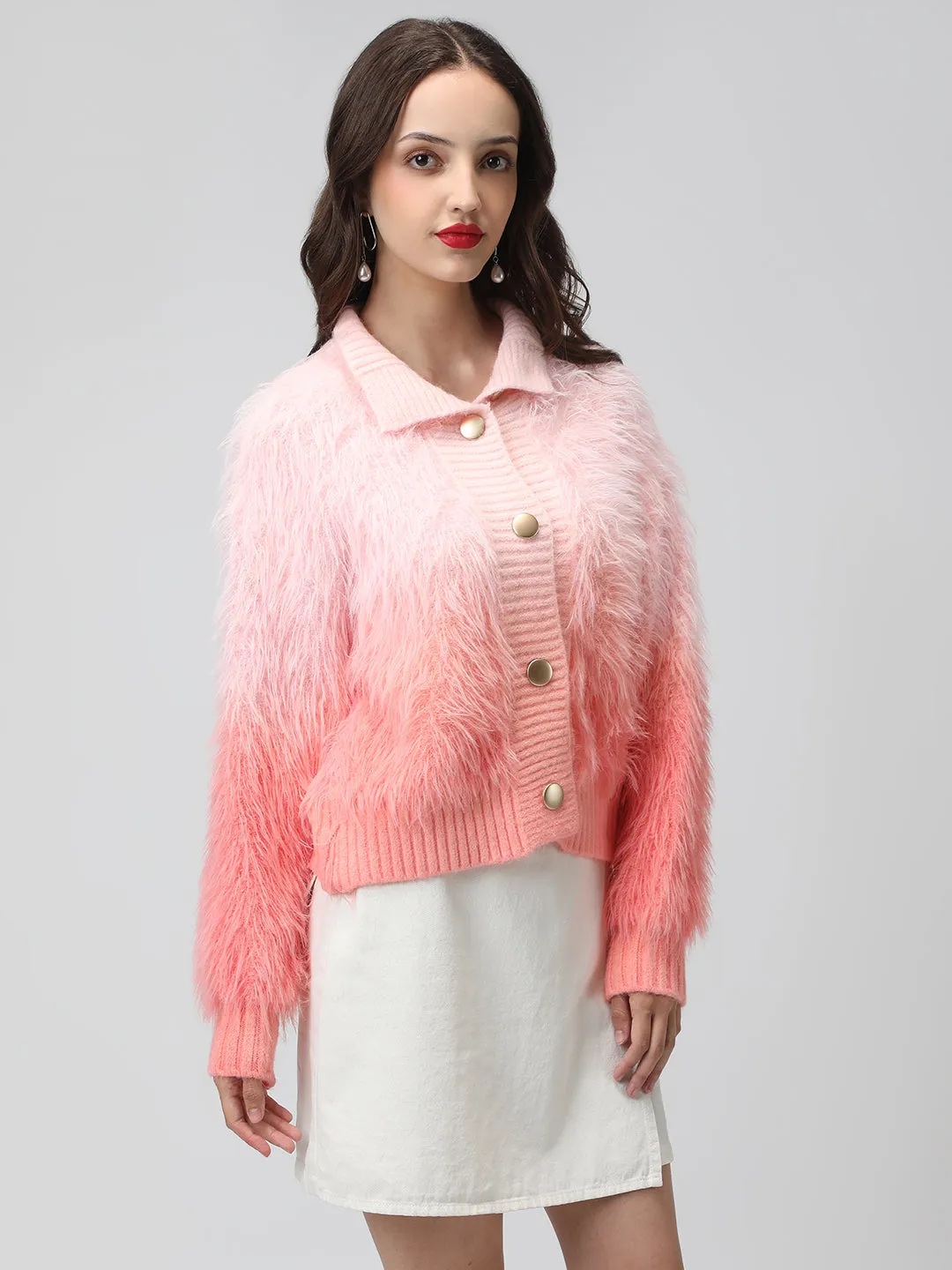 Women's Ribbed Ombre Pink Shirt Collar Cardigan with Button Detail Odor Resistant