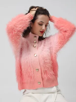 Women's Ribbed Ombre Pink Shirt Collar Cardigan with Button Detail Fall Comfort