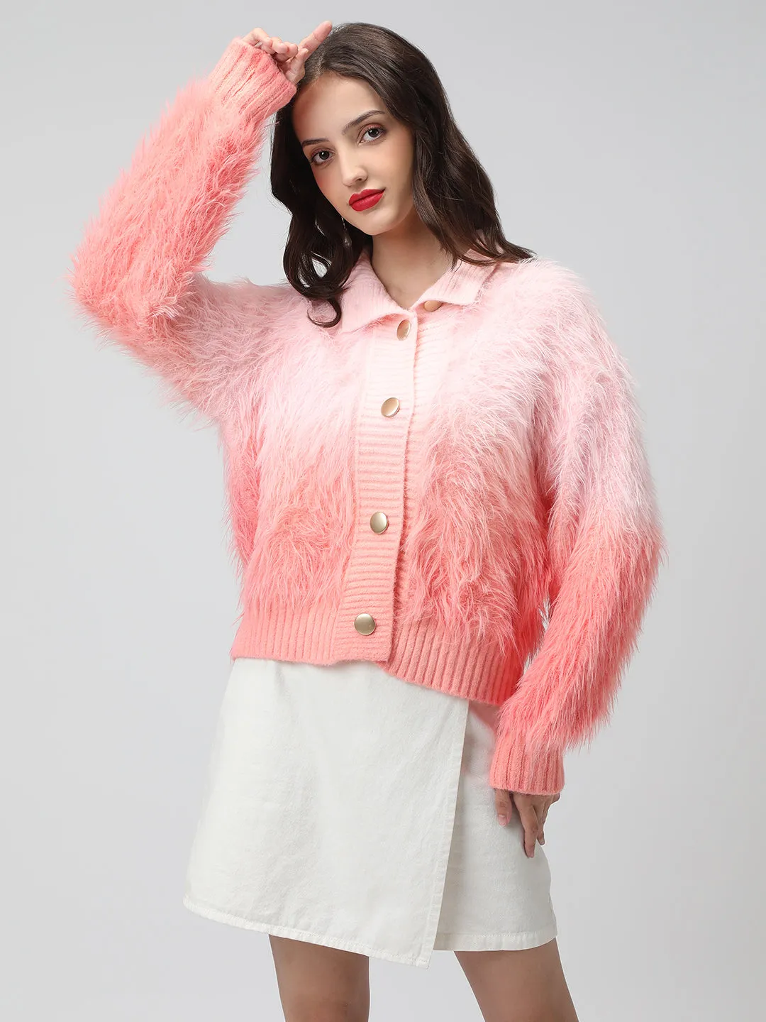 Women's Ribbed Ombre Pink Shirt Collar Cardigan with Button Detail Neat Look Cozy Lining