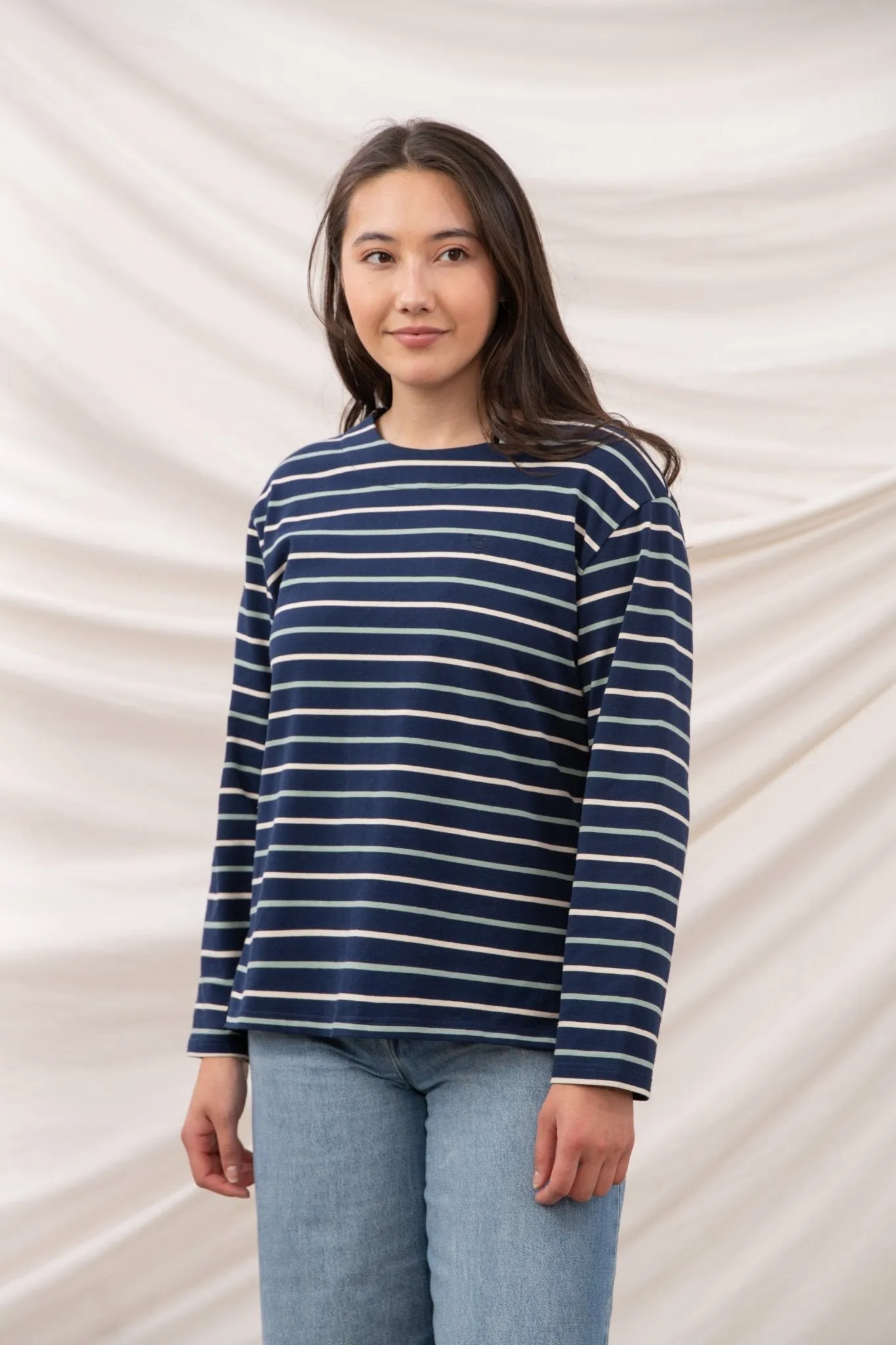 Causeway Breton Top - Navy Cream Sage Stripe SoftenedNeckline