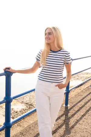 Classic Comfort Style Flattering Cut Causeway Tee - Indigo Stripe