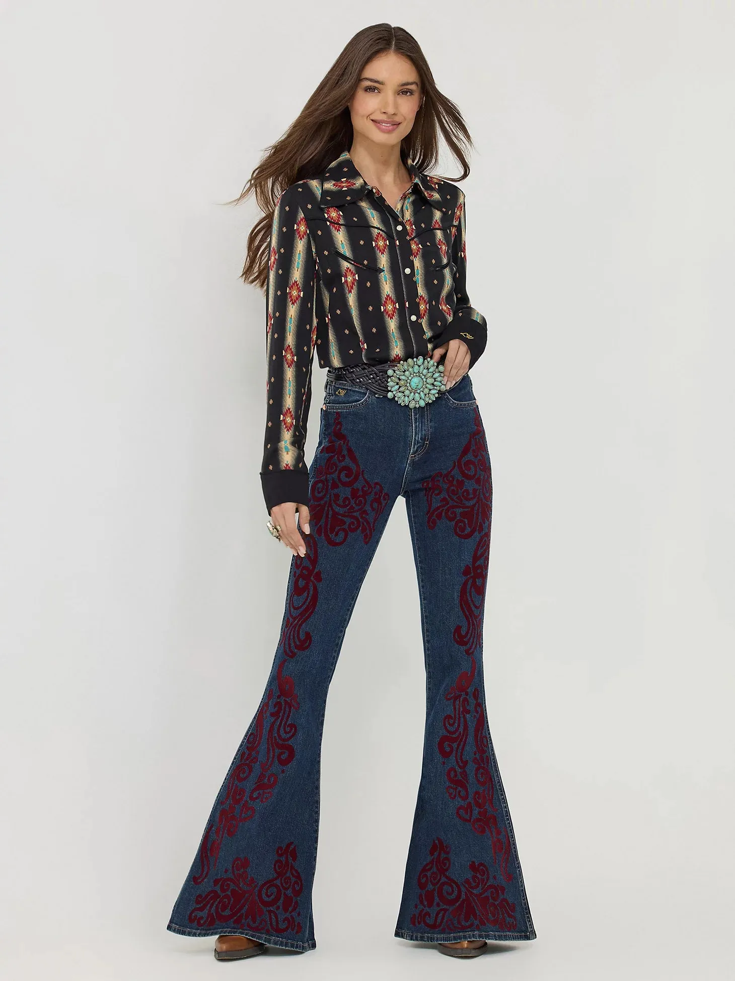 Heavy Duty Zipper Mechanism Lifestyle Fit Wrangler x Lainey Wilson Vintage Flocked Bell Bottoms in Maroon Dark Wash