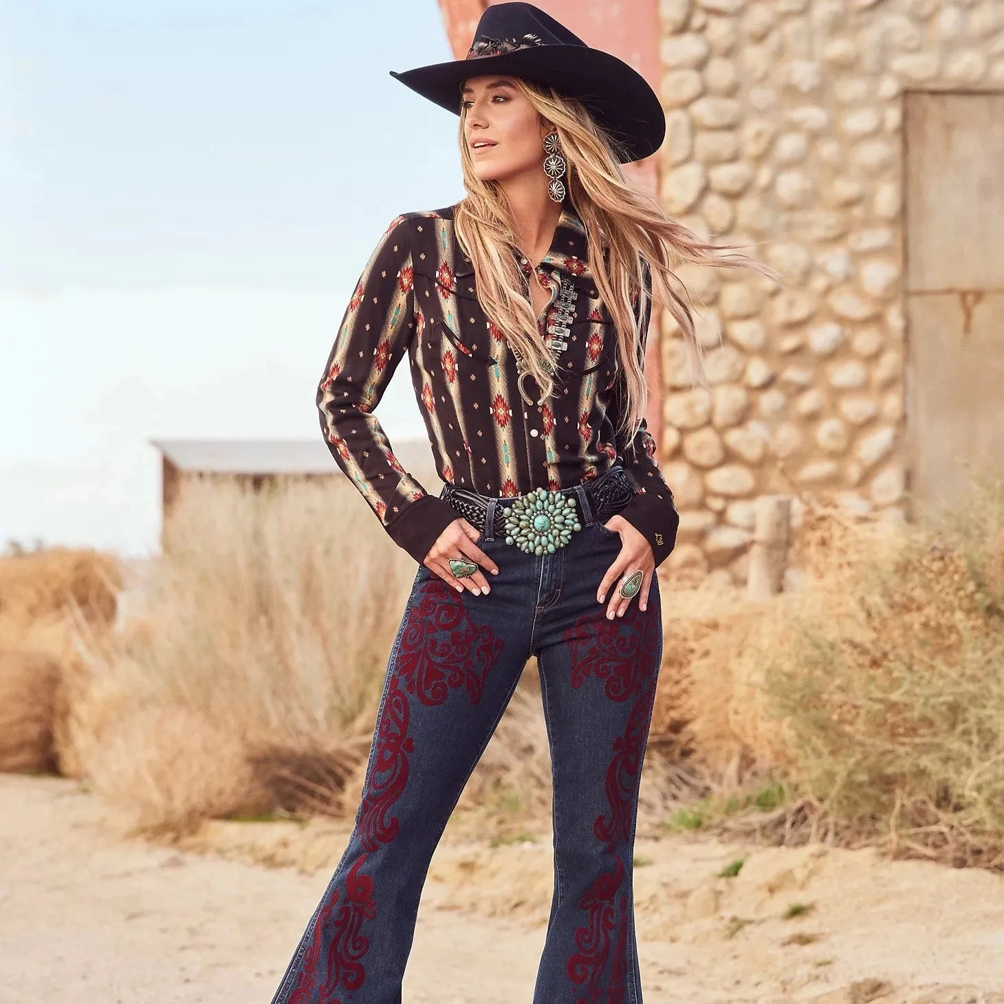 Durable Rivet Hardware Blended Style Wrangler x Lainey Wilson Vintage Flocked Bell Bottoms in Maroon Dark Wash