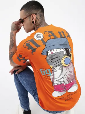 Men's Orange Doraemon Graphic Printed Round Neck Cotton Relaxed Fit T-Shirt Fit Comfort
