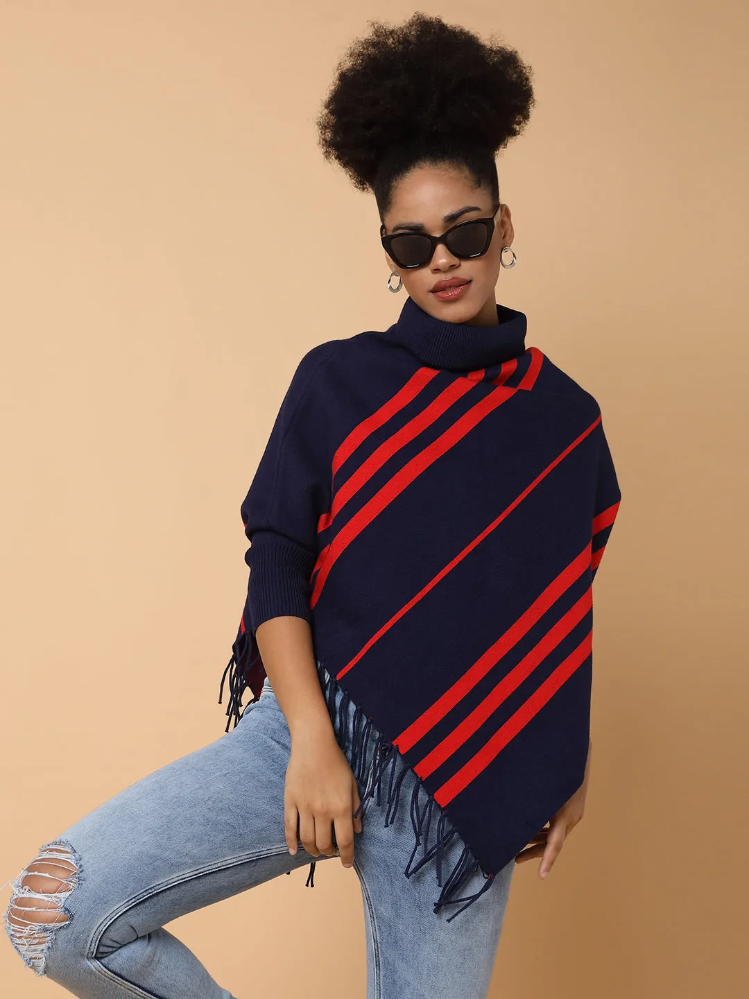 Reinforced Shoulder Seams Women's Striped Navy Blue Poncho