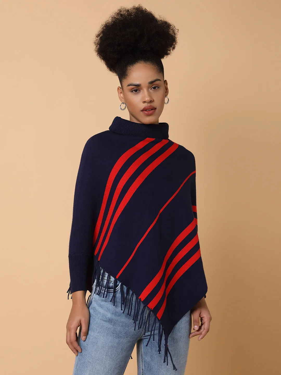 Women's Striped Navy Blue Poncho Simple Aesthetic WrinkleResistant Knit