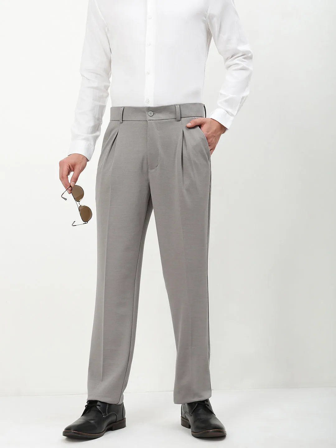 Ergonomic Cut Stretch Fit Wear Men's Grey Solid Formal Trousers