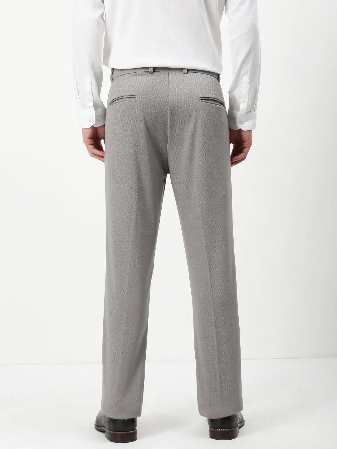Men's Grey Solid Formal Trousers Durable Seams