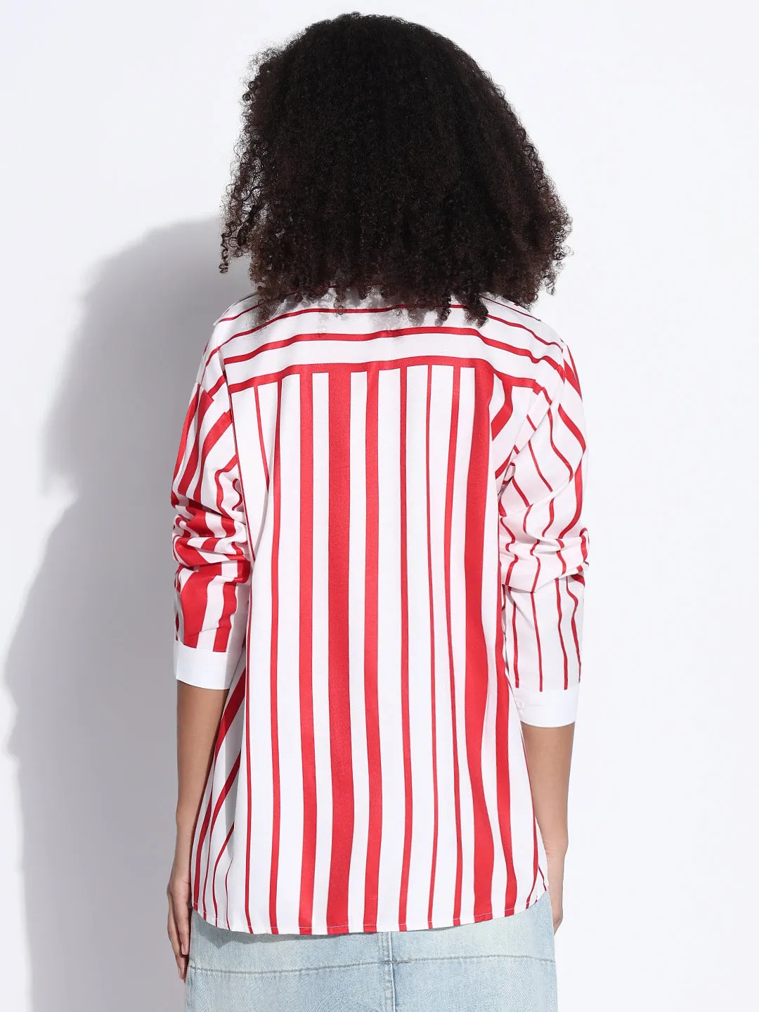 Women's Striped White Oversized Shirt Adjustable Hem