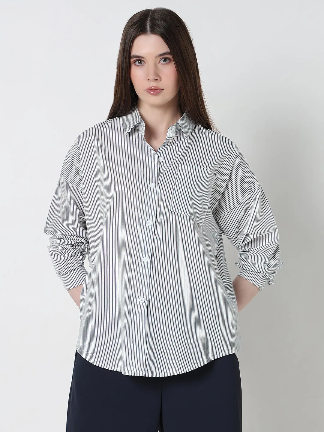 Teenager fashion theater visit Women's Pinstripes Blue Oversized Shirt with Chest Pocket