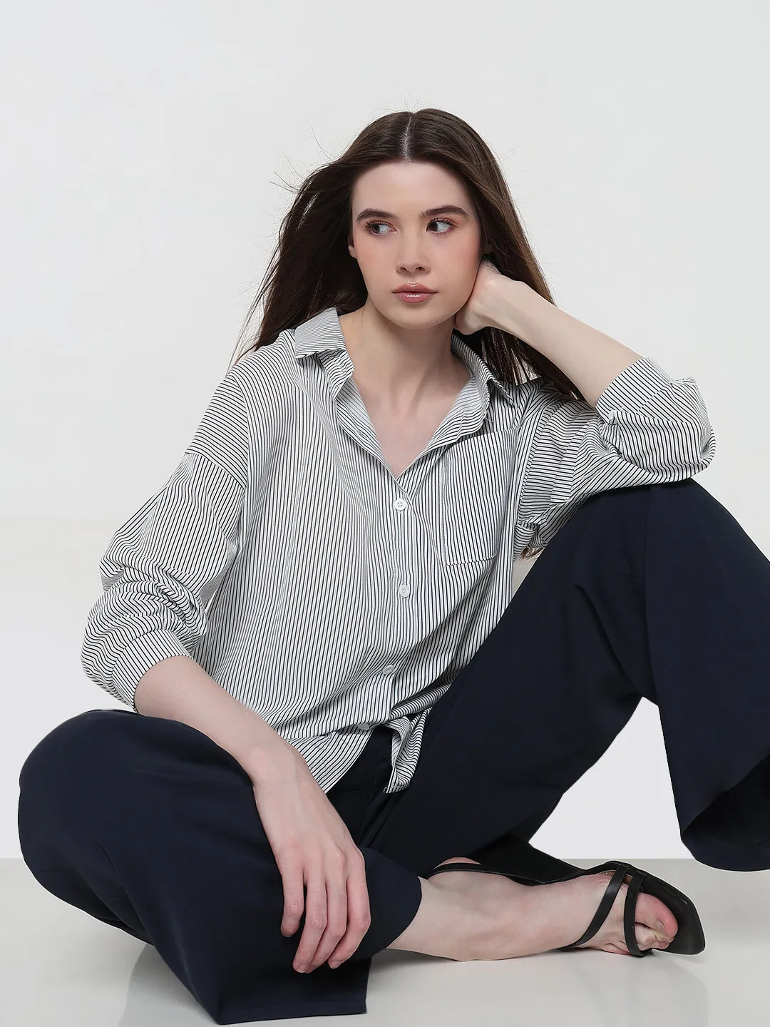 On-the-Go Fashion UPF Rated Fabric Women's Pinstripes Blue Oversized Shirt with Chest Pocket