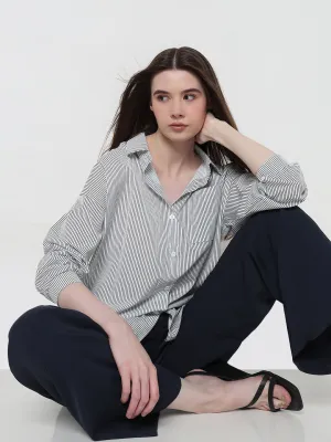 On-the-Go Fashion UPF Rated Fabric Women's Pinstripes Blue Oversized Shirt with Chest Pocket