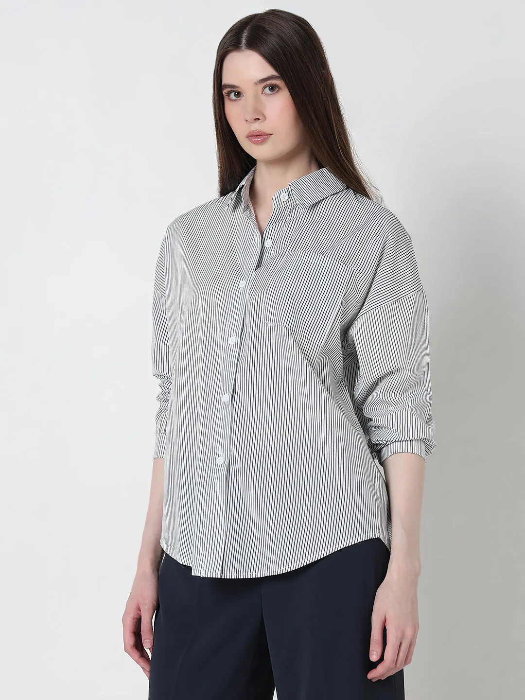 Seam Free Back Comfort and Ease Women's Pinstripes Blue Oversized Shirt with Chest Pocket