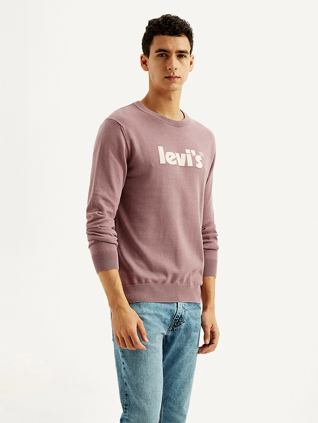 Men's Brand Logo Mauve Crew Neck Sweater Slub Texture