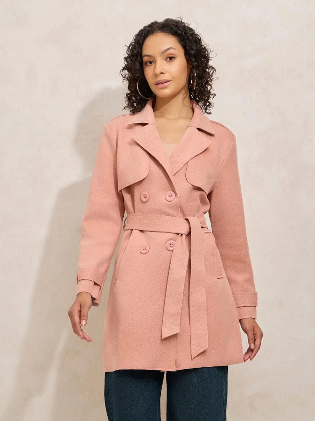 Durable Zipper SnapFastenings Women's Peach Trench Coat with Shoulder Flaps